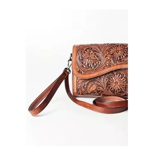 Premium Tan Color cuero genuino Floral mano Tooled SS Hardware ajustado mujeres monedero bolso de mano con correa de hombro de alta calidad - Product Image 2