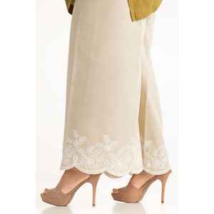 Pantalon large beige brodé en khaddar pour femme, respirant, coupe droite, options taille haute/moyenne, idéal pour le bureau, effet vieilli - Product Image 1