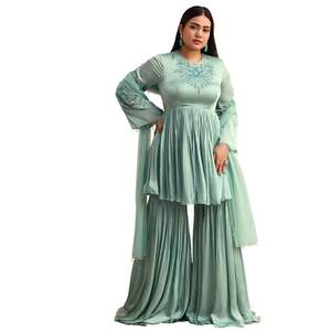 Conjunto de Kurta Sharara bordado azul polvo con Dupatta para fiesta boda recepción festiva ocasión étnica india - Product Image 1