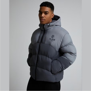 Men's High Quality Denim Puffer <b>Jacket</b> Vintage Style Hooded Collar Front Embroidered Logo Solid Pattern Winter Closure Zipper - Product Image 1