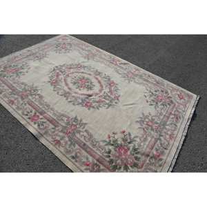 Tapis turc vintage classique beige-rose 5,9 x 8,9 pieds à poils moyens, motif patchwork en latex écologique, décorations pour salle à manger - Product Image 2