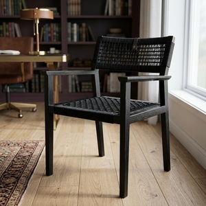 Fauteuil d'appoint en bois massif noir avec accoudoirs en corde tressée, couleur anthracite, pour extérieur, patio, jardin, design artistique et décoratif - Product Image 5
