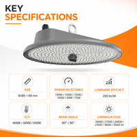 Lámpara LED High Bay UFO de 75 a 150W, con Lente de PC Liteon 5050, Aluminio Fundido a Presión, 200lm/W, Garantía de 7 Años, IP66 IK08, desde Almacén en Alemania
