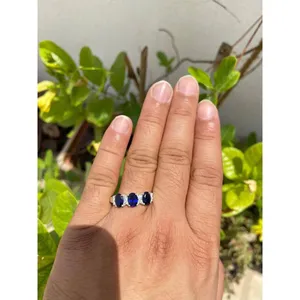<b>925</b> <b>Silver</b> Blue Sapphire Band <b>Ring</b> Oval Cut Marquise Vintage Rhodium Vermeil Engagement IGI Certified Platinum Ongoing Setting - Product Image 6
