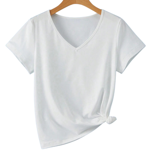 Camiseta de Manga Corta con Cuello en V para Mujer, Estilo Casual de Verano, Detalle de Nudo Lateral, Camiseta Básica Suave, Transpirable, Tejida y Ligera - Product Image 1