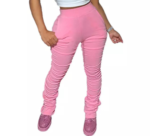 Pantalon empilé personnalisé pour femmes taille haute tissu extensible coupe ajustée design froncé tenue décontracté élégant pour les tenues de mode hiver - Product Image 1