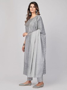 Latest Design Women Rayon Readymade Grey & White 3 Pc Suit Party Wear Embroidered Work on <b>Kurti</b> and Pant With Malmal Dupatta - Product Image 2