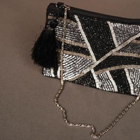 Fabriqué à la main de luxe élégant noir argent verre perlé coton pochette sac à la mode pour femmes filles cadeaux articles en gros HB-062