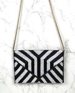 Luxury Black and <b>White</b> Beaded <b>Crossbody</b> Clutch Crystal and Rhinestone Striped Pattern Evening <b>Bag</b> for Parties - Product Image 4