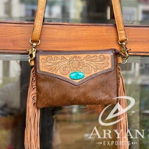 ใหม่จริงผมมือTooledหนังCrossbodyกระเป๋าWestern Boho Turquoiseหินกระเป๋าหนังแท้กระเป๋าถือสตรี - Product Image 1