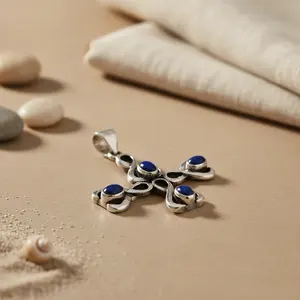 "Handmade Rhodium-Plated 925 <b>Silver</b> Lapis Lazuli Religious <b>Cross</b> Charm <b>Pendant</b> for Women" - Product Image 2