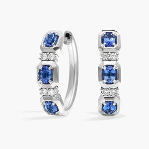Luxury Blue Sapphire Diamond Hoop Earrings for Women 14K White Gold Cushion Cut Sapphire <b>Huggie</b> Earrings Fine Jewelry - Product Image 1