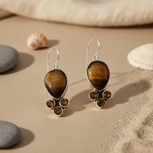 Boucles d'oreilles pendantes en argent sterling 925 avec œil de tigre pour femmes - Bijoux fantaisie en pierres précieuses - Product Image 1