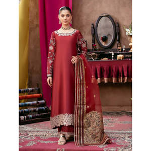 Conjunto de 3 Piezas: Camisa de Seda Rojo Rubí Lista para Usar con Bordado de Lentejuelas, Borlas y Bordes Festoneados, y Pantalones Palazzo de Seda Sin Arrugas - Product Image 1