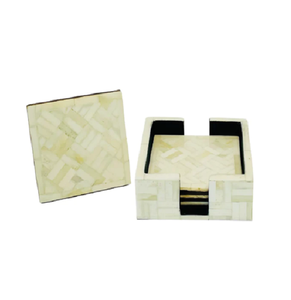 Ensemble personnalisable de 4 sous-verres à thé classiques en bois faits à la main en résine incrustée d'os de vadrouille en marbre carré avec nouveau motif de pierre - Product Image 3