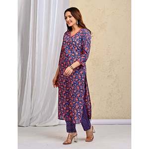 Blue Jaal Hand Drawn <b>Block</b> <b>Printed</b> Cotton Kurta Pant Set Heavy Mulmul Dupatta for Ethnic Party Wear Indian Style Long Length Net - Product Image 4