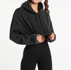 Ladies Cropped Hoodie Long Sleeve Drop Shoulders Hoodies Oversized <b>Jumper</b> Women Acid Wash Crop Hoodies - Product Image 2