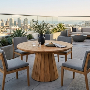 Natural Teak Wood <b>Round</b> Outdoor Garden Dining <b>Table</b> Conical Fluted Base Wooden <b>Patio</b> Setup Decor Pure Room Art Design - Product Image 3