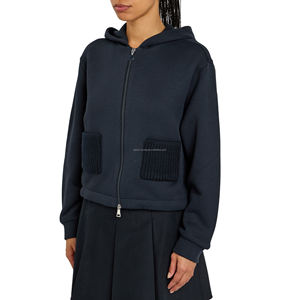 Vente en gros de sweat-shirts à capuche zippés pour femmes, cardigan court, veste en tricot, poche plaquée, ourlet à cordon, poids lourd, hiver, écologique - Product Image 3