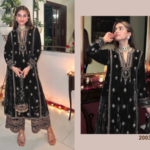 Top e inferior de trabajo bordado de punto chino de terciopelo viscosa de moda con Daman Lace Work Dupatta Heavy Designer Party Wear - Product Image 1