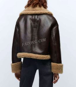 Chaqueta de cuero aviador para mujer, estilo bomber, de piel de oveja auténtica, casual, para motociclista, con forro de piel de sherpa, a la moda, al por mayor - Product Image 6