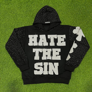 Sudadera con capucha personalizada con logotipo personalizado y bordado desgastado para hombre, precio de venta completo, ropa de moda de alta calidad, sudaderas con capucha de diamantes de imitación para hombre - Product Image 3