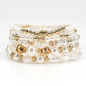 Ensemble de bracelets perlés couleur or blanc, avec breloque imitation perle, bracelet jonc enveloppant, style bohème superposé, motif étoile, bijoux pour soirée - Product Image 1