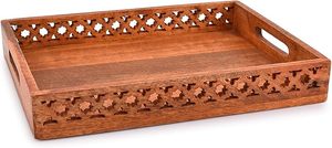 Plateaux de service en bois de manguier Jali Design Brown Plateau de service Sculpture à la main Plateau décoratif pour la maison et la cuisine (14 "x 11" x 2 ") - Product Image 2