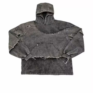 Venta al por mayor ropa de calle personalizada rasgada hombres piedra lavado con ácido de alta calidad de doble capa dobladillo crudo desgastado Sudadera con capucha para hombres - Product Image 1