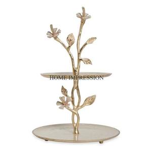 Leaf Designing Luxury Gold Handle Home and Kitchen Table Ware 2 Tier Round Shape Aluminum Cake Stand and Platters in Cheap Price - Product Image 1
