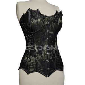 Corset en satin vert olive de haute qualité avec superposition de dentelle noire, doté de baleines en acier et de fermeture à boucle frontale. - Product Image 6