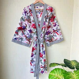Pure Cotton Elegant Summer Kimono Robe V-neck Full Length Unisex <b>Bridesmaid</b> Gift Spa Lounge Wear - Product Image 3