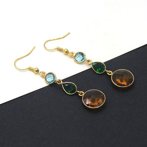 Pendientes Colgantes Bohemios Hechos a Mano con Múltiples Piedras Preciosas |   Topacio Azul, Esmeralda, Citrino |   Boda de Latón Chapado en Oro de 14K Sin Níquel - Product Image 2