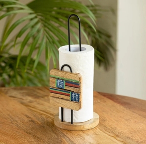 <b>Warli</b> Tales Hand-Painted Kitchen Tissue Roll Holder In Mango Wood & Iron Wooden Paper Towel Holder countertop Roll Dispenser - Product Image 2