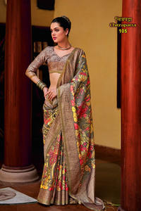 Exquis Chitrapatta Katav Jari Pata Kalamkari imprimé Saree traditionnel artisanal indien gris Saree avec des motifs complexes - Product Image 5