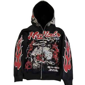 Sudadera con Capucha Personalizada de Felpa Francesa con Estampado Cuadrado Vintage, Estilo Desgastado, Cierre Completo, Moda Urbana, Alta Calidad para Hombre - Product Image 1