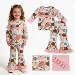 Ensemble pyjama décontracté pour filles, imprimé citrouille, sans manches, écologique, avec volants, pantalon confortable en Spandex/Polyester - Product Image 4