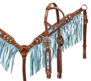 Headstall et cuirasse en cuir occidental de qualité supérieure avec boucles Sier et franges Design fantaisie pour l'équitation et la course - Product Image 2