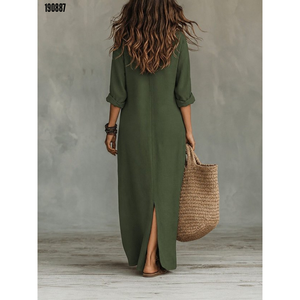 Robe longue à col et manches longues pour femme, avec détails boutonnés, 38358 - Vert - Product Image 3