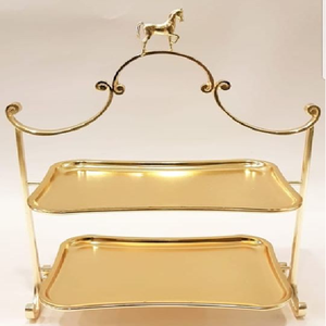 Soporte de servicio floral de dos niveles dorado, estatuilla decorativa de pájaro, platos de cerámica con borde dorado, diseño inspirado en la naturaleza - Product Image 2