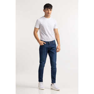 Jeans Ajustados Rectos de Cintura Media en Azul Oscuro, Mezclilla Tejida de Color Claro MN-JNS-DN23-002 - Product Image 1