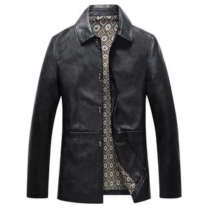 Abrigo Largo de Cuero Genuino para Hombre, Cuello Camisero, Cierre de un Solo Botón, Manga Regular, Grosor Estándar - Product Image 3