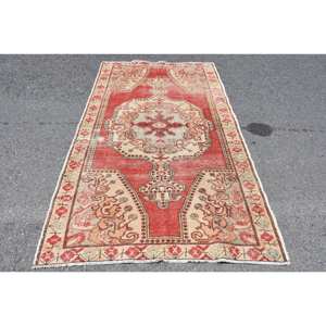 พรมขนสัตว์สีเบจสีแดงสไตล์วินเทจขนาด4.6X8ฟุตงานแฮนด์เมดสไตล์ตุรกีทรงสี่เหลี่ยมมุมฉากสำหรับห้องนั่งเล่น - Product Image 1