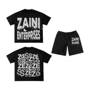 ZAINI ZI-033 Men Oversized T Shirt Shorts <b>Set</b> 280 GSM Premium Polyester French Terry Washed Black Custom Embossed Hand - Product Image 1