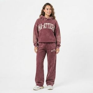 Conjunto de Sudadera Oversize Lavada Personalizada y Pantalones Anchos de Felpa para Mujer, Chándal de Algodón Estilo Urbano OEM ODM - Product Image 1