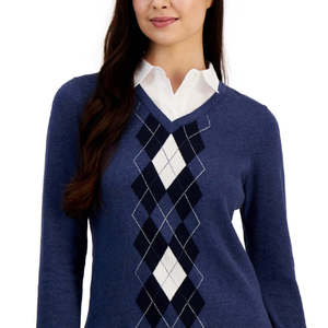 เสื้อสเวตเตอร์ลายอาร์ไกล์สไตล์วินเทจสำหรับผู้หญิง ยี่ห้อทอมมี่ ฟอร์ ฮิลฟิเกอร์ ผ้าฝ้ายผสมขนแพะ ระบายอากาศได้ดี สีน้ำเงิน ด้านหน้า ขนาดเล็ก - Product Image 2