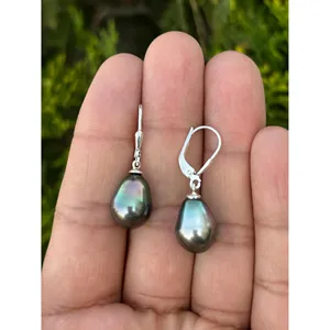 Boucles d'oreilles pendantes en perles noires naturelles de Tahiti, argent sterling 925 plaqué rhodium, qualité AAAAA, bijoux classiques faits à la main, vente en gros - Product Image 2