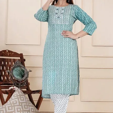 Kurti lurus cetak bunga dengan celana Set wanita gaun jahit penuh motif lurus Kurti tersedia dengan harga grosir