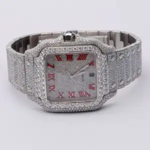 Fully Iced Out Moissanite Watch With Red Roman Numerals / Sleek Single Tone Timepiece For The Wrist Watch