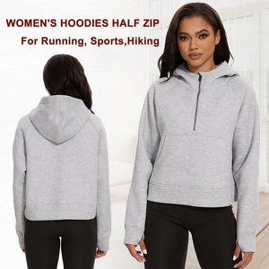 Señoras Crop Top Hoodies Color gris Thumb Hole Half Zip Pullover Gym Fitness Sudadera con capucha recortada para mujer con bolsillo de canguro - Product Image 4